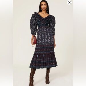 Sea New York Navy and Burgundy Printed Ruffled Midi Dress